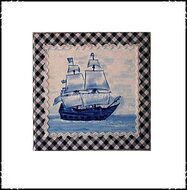 Wanddecoratie-boerenruit-blauw-met-zeilboot